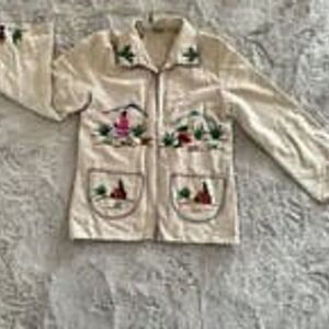 Vintage Lopez Mexican Wool Open Tourist Coat Jacket‎ Yarn Embroidered Tan Sz S/M